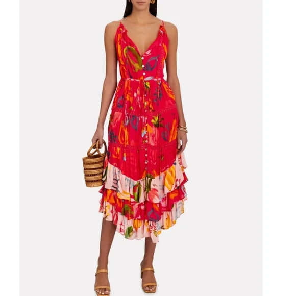 Farm Rio mixed fruits asymmetrical ruffled midi dress nwt - Picture 8 of 15